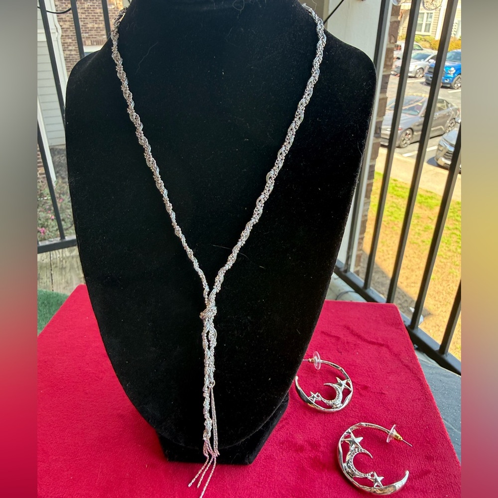 Silver-Tone Rope Lariat Necklace with Star Hoop Earrings